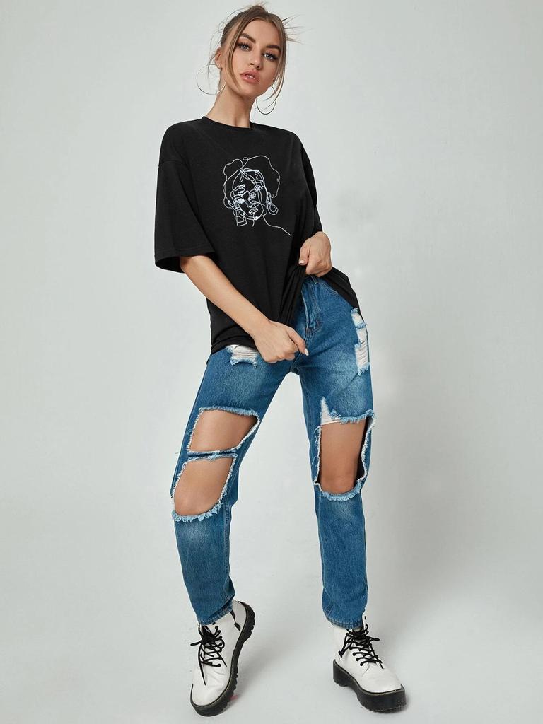 Women's Casual Black Round Neck Short Sleeve Print T-shirt