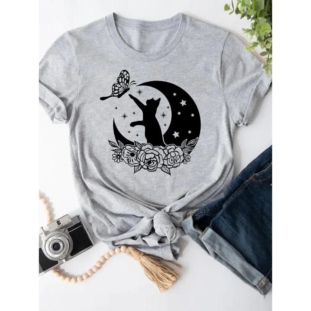 

Moon Cat Lovely 90s Short Sleeve T-shirts Women Cartoon Shirt Clothing Fashion Summer Female Print T Top 3XL