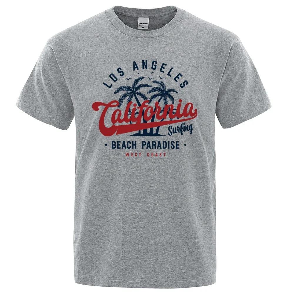 Camiseta de algodão gola redonda maskulina, topy de verão, roupas respiráveis, Los Angeles California Beach Paradise Fashion