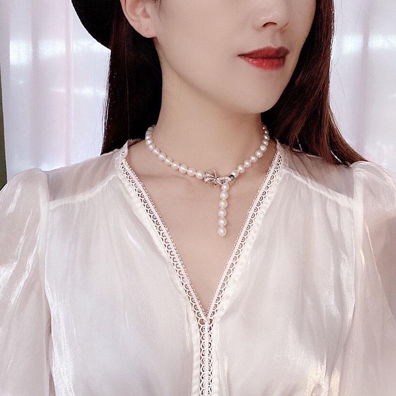 Elegant 9-10mm Bowknot Freshwater Pearl Necklace - Trendy Near-Round Jewelry Piece 115.