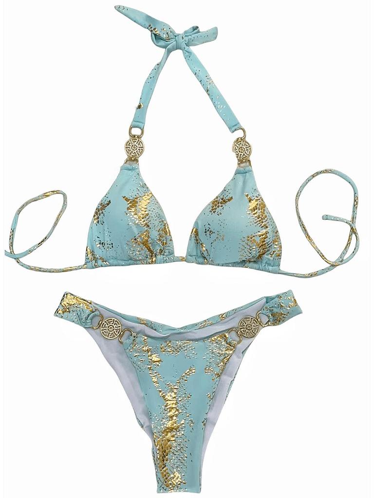"European & American Snakeskin Bikini with Gold Crystal Accents - Trendy Holiday Swimwear for Women"