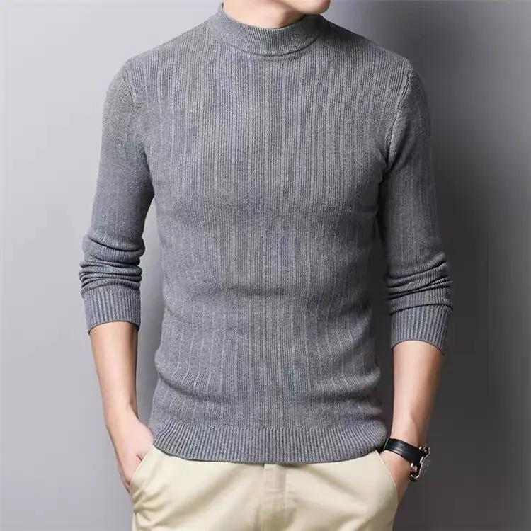 Men s Sweater Korean Striped Wild Men Half High Neck Long Sleeve Sweaters Man Knitted Sweater Pullover S