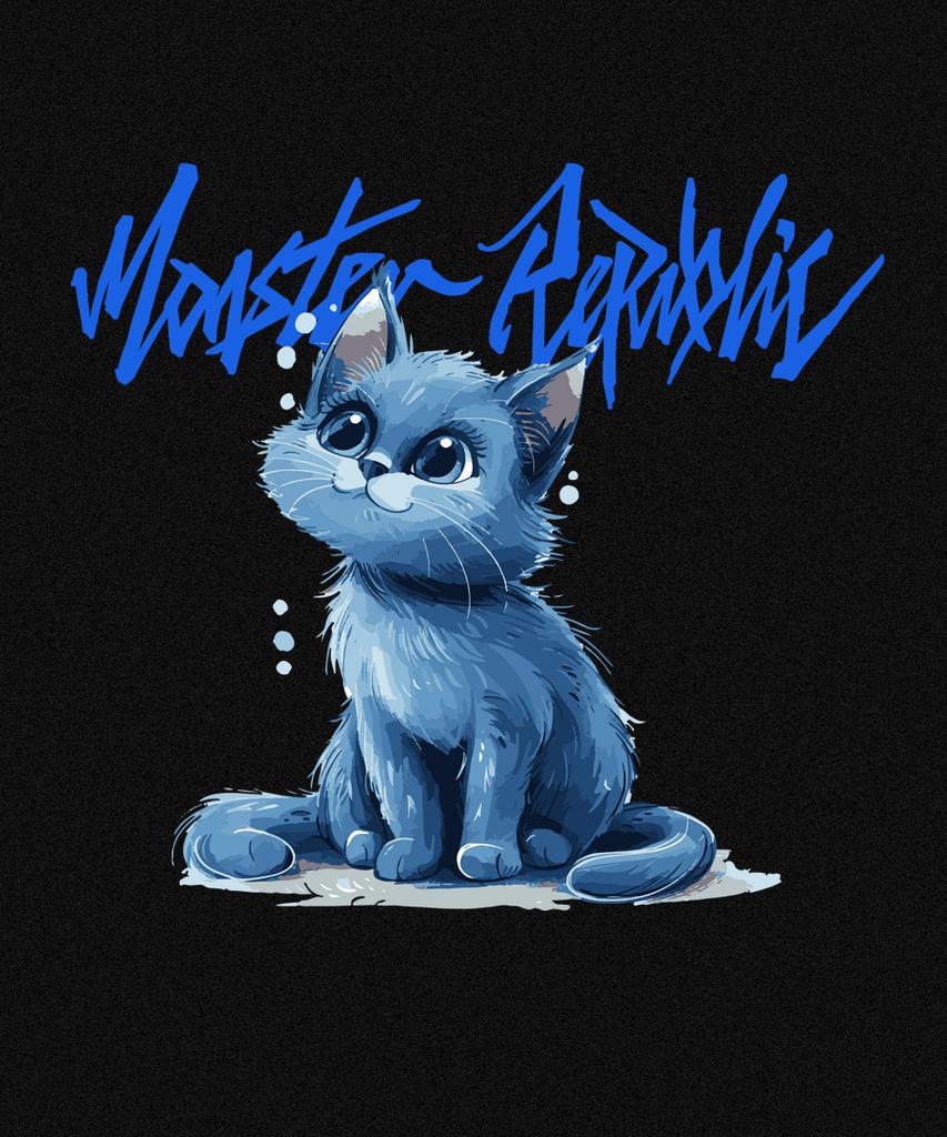 MONSTER REPUBLIC Famous Cat Vivid Blue T-Shirt Black