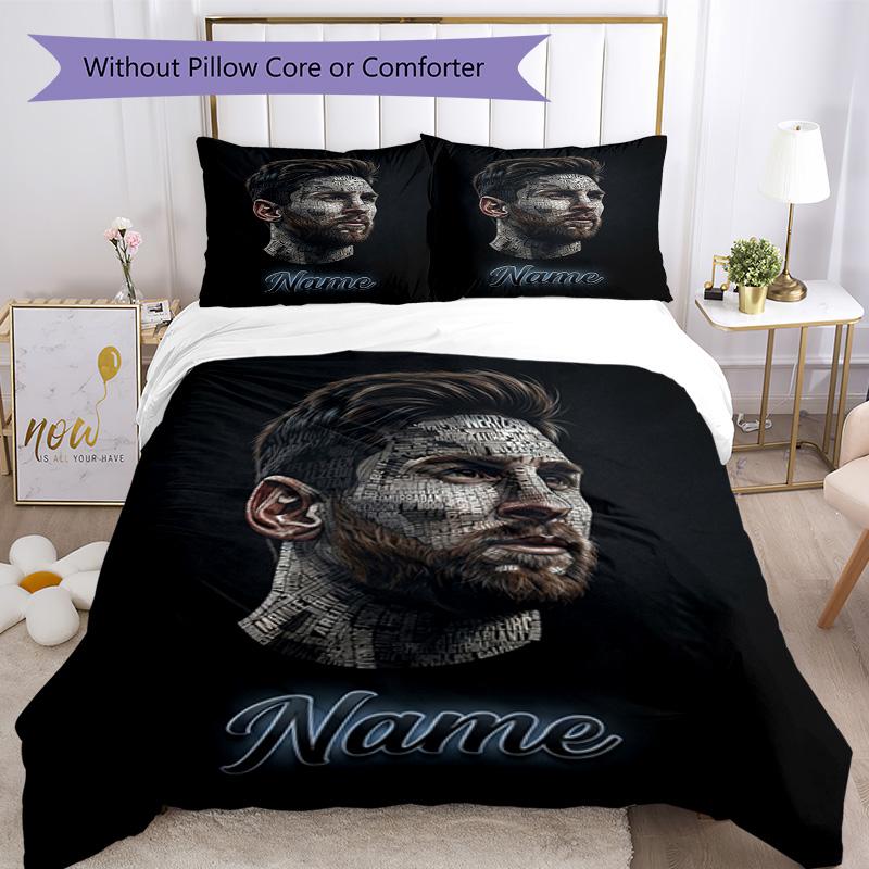 Messi Soccer Star Signature Portrait Personalized Name Bedding Set,Cozy Bed Linen for Teen Boys Bedroom Decoration,Perfect Birthday Gift,Washable Duve
