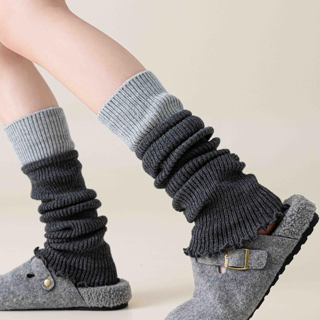Color-Blocked Sock Covers Stacked Warm Knitted Calf Socks Gray Gray White Leg Cover Flared Sheath