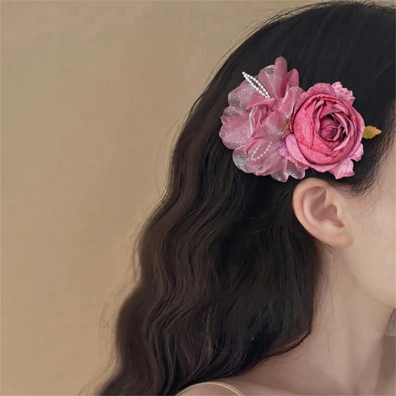 1Pcs Rose Pink Threedimensional Flower Hair Clip Fairy Gentle Styling Hair Accessories Dating Parties Daily Wear Decoration Clip