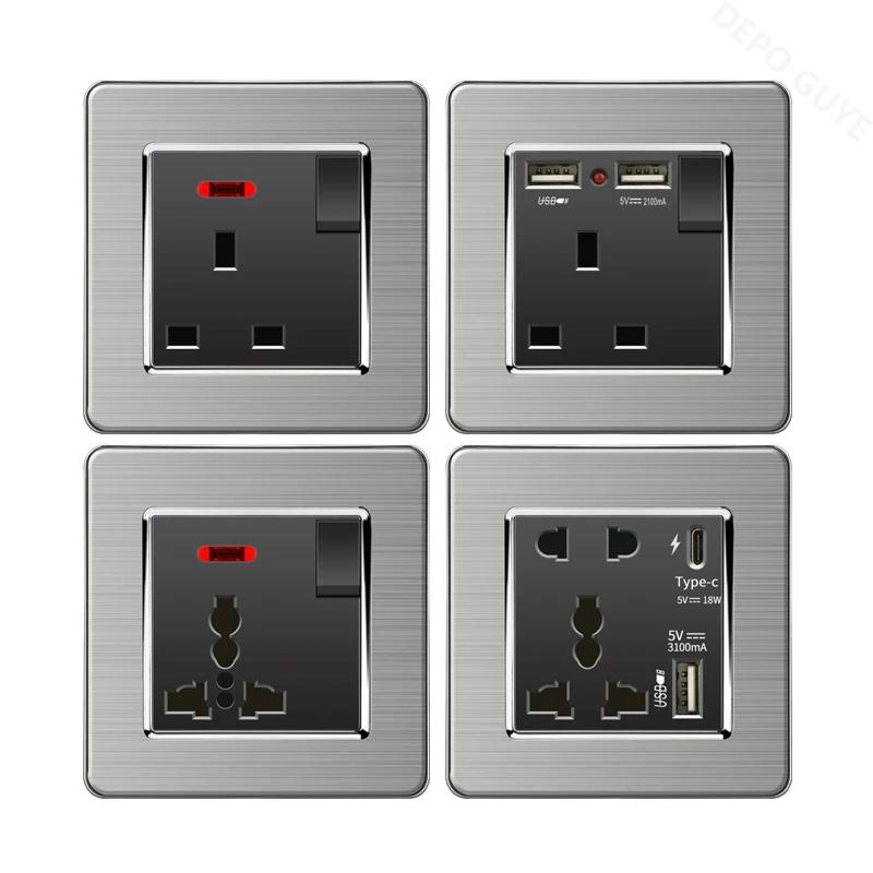 luxury Brushed Stainless Steel Wall Light Switch,Universal 5pin 18W Type-C Quick charging outlet,UK Standard Dual USB Socket