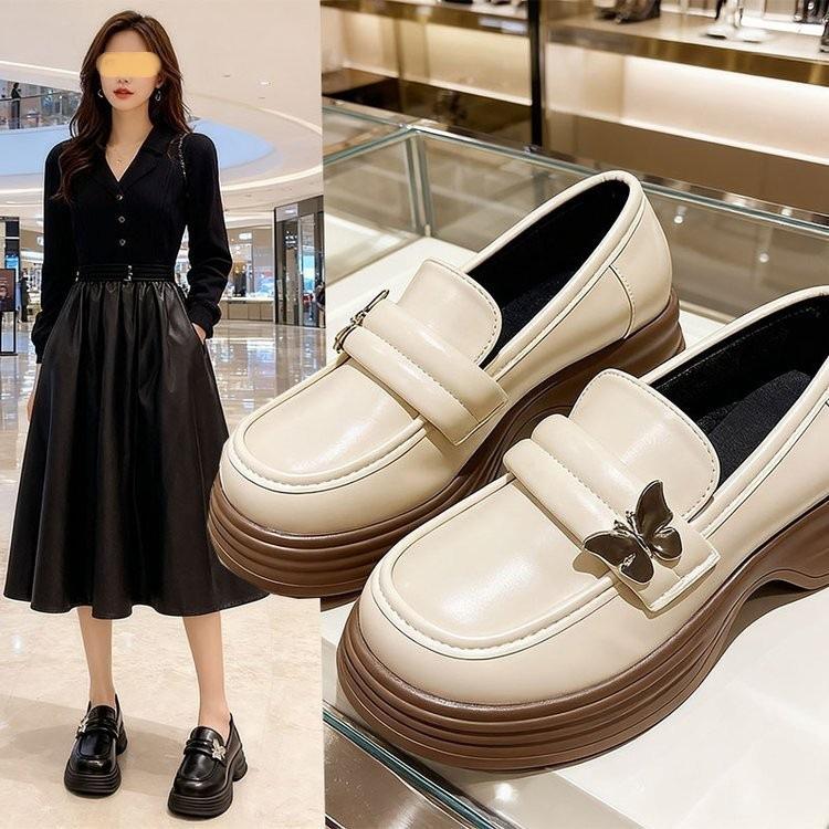French Mary Jane butterfly small leather shoes women's 2025 autumn new platform one-pedal loafers thick heel medium heel single shoes