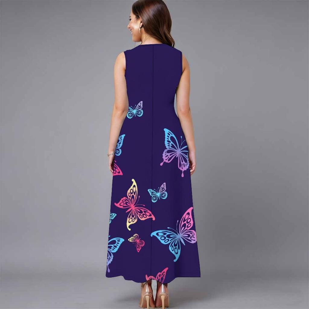Plus Size Sleeveless Round Neck Dress Retro Tiny Floral Print Flowy Midi Dress