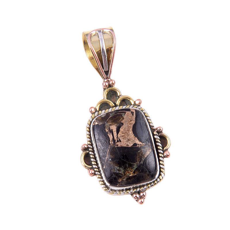 Natural Black Copper Turquoise 925 Solid Silver Gift TwoTone Pendant 1.50" Z1P05