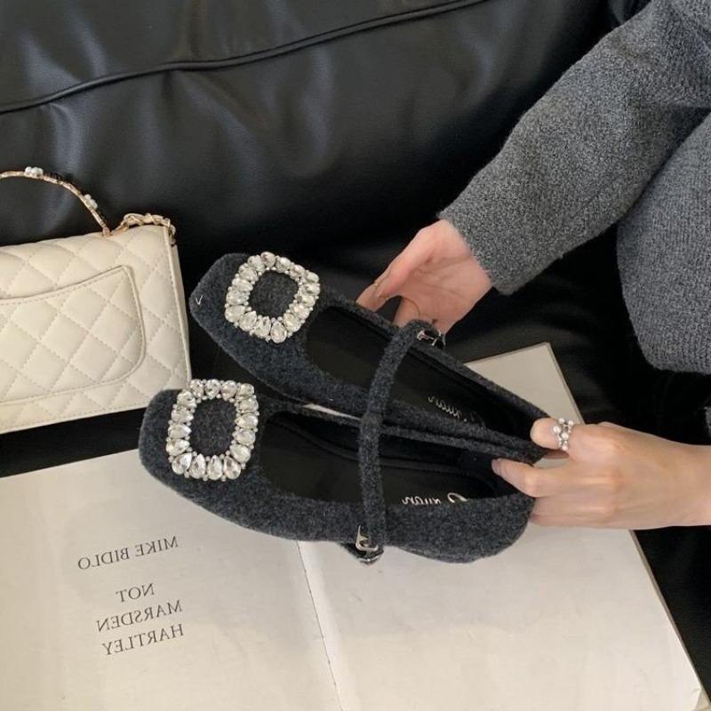 

Woolen rhinestone thick heel single shoes women s new spring skirt gray Mary Jane shoes 40