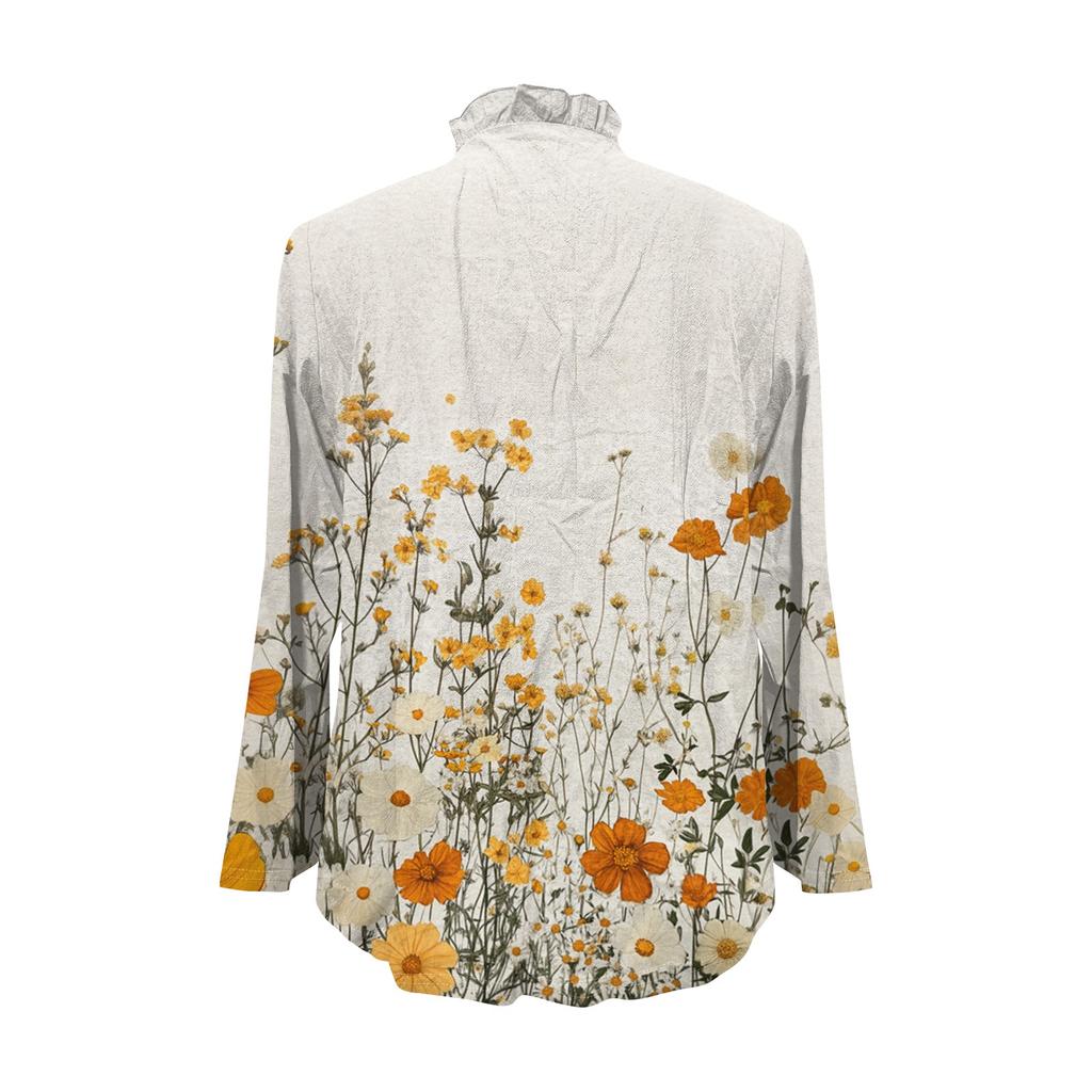 Women's Loose Ruffled Retro Floral Print Stand Collar Long Sleeve Cotton And Linen Top