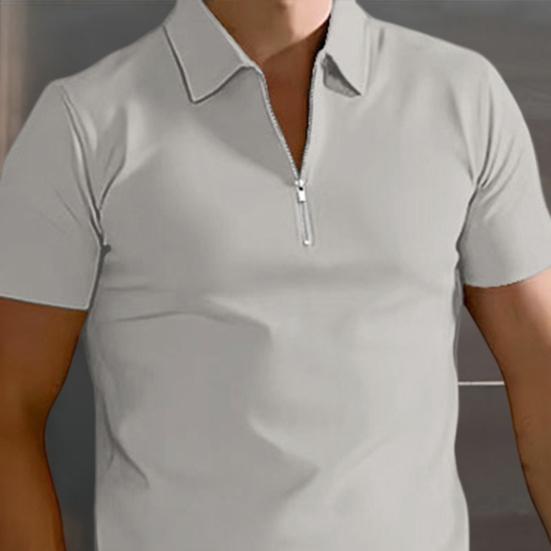 Men Summer Shirt Shorts Set Knee Length Elastic Waist Drawstring Shorts Solid Color Lapel Zipper Neck Short Sleeves Tracksuit Set