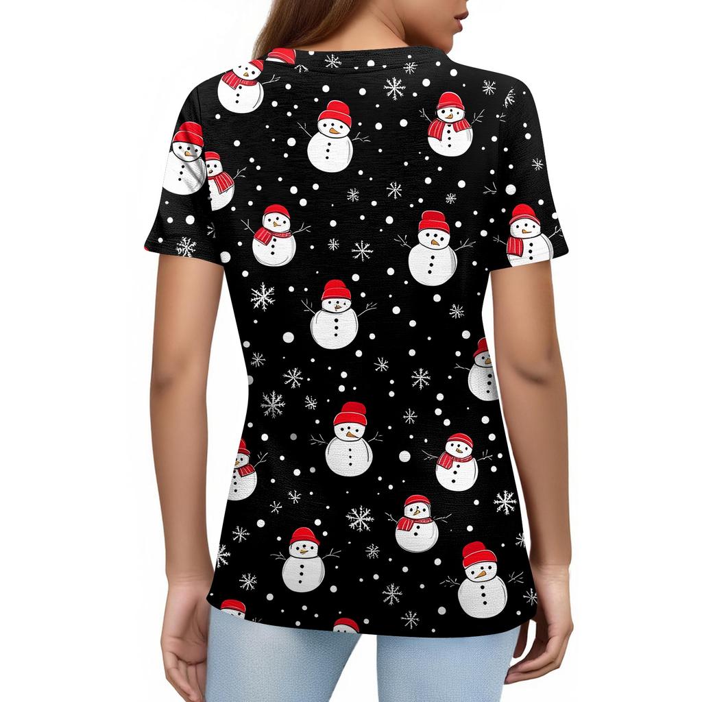 Women's Fashionable Casual Short Sleeve Christmas Print Round Neck Pullover Top