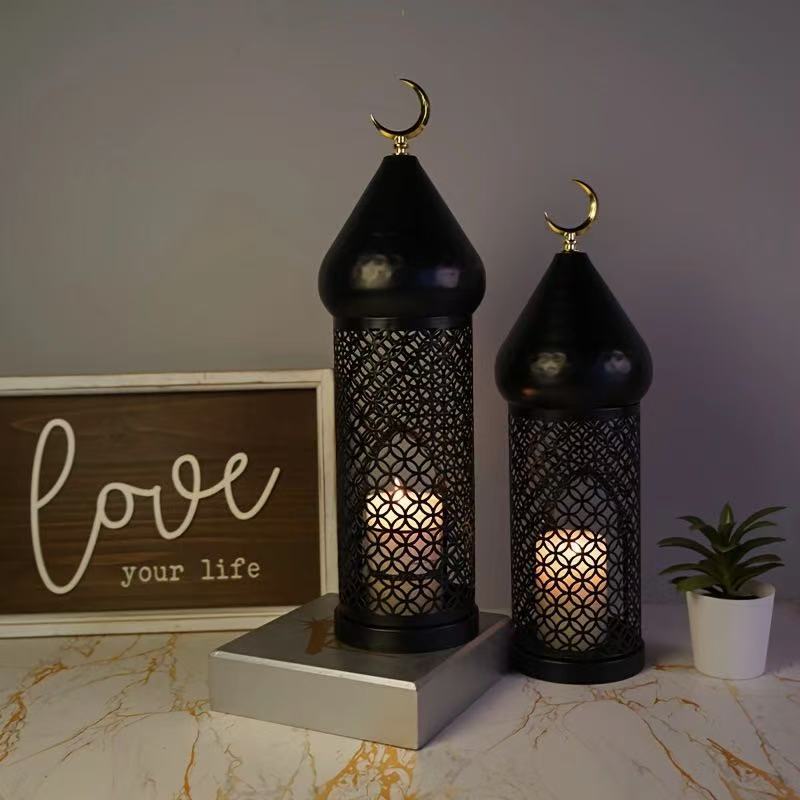 Ramadan Kareem Crescent Dome Lantern Candle Holder Black Metal Islamic Decoration Eid Mubarak Celebration Home Decor