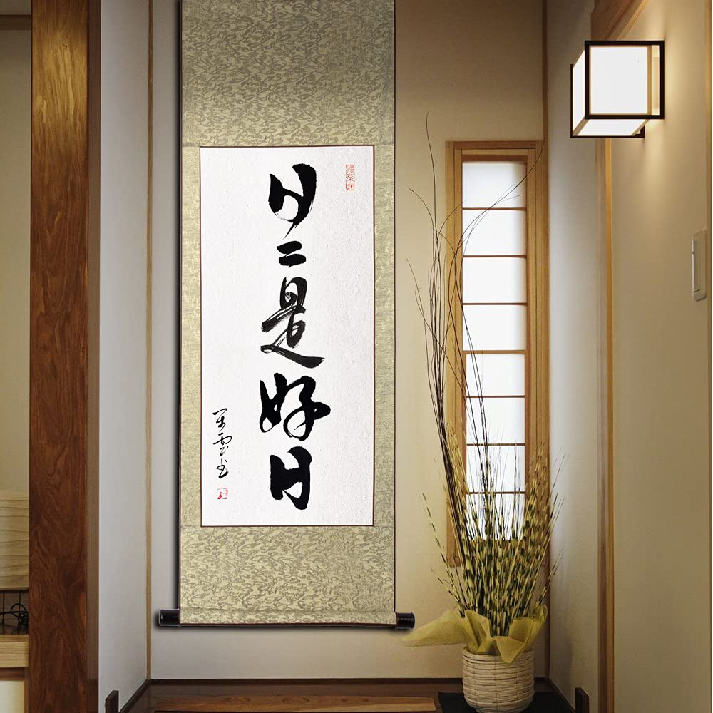 "Every Day Is a Good Day" Hanging Scroll, Stylish, "Every Day Is a Good Day" Style, Cursive Calligraphy, Tea Hanging Scroll, Zen Phrase, Single-line