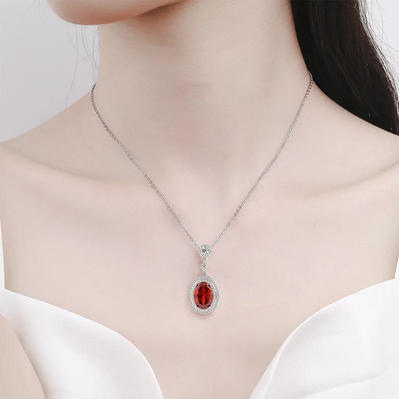 925 Sterling Silver Garnet Red Oval Zircon Pendant Necklace Birthday Party Anniversary Gift