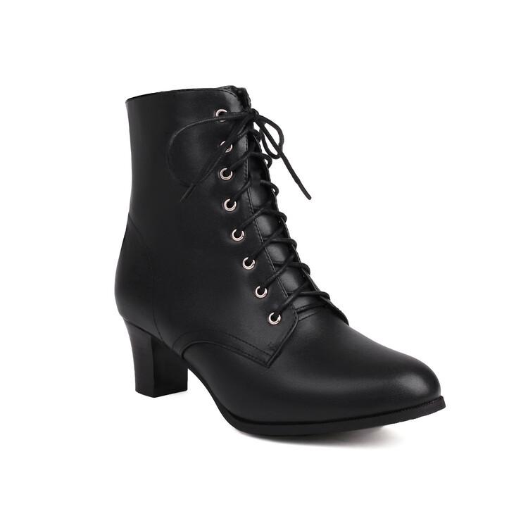 New European and American Lace-up Short Boots Thick Mid-heel Boots Short Martin Boots Large Size Boots