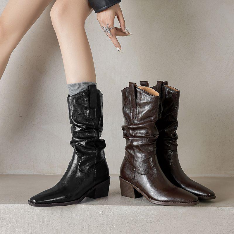 Fashion Retro Brown Pu Western Cowboy Boots Women 2025 Winter Sexy Pointed Toe Thick Heel Black Ankle Boots Designer Y2K Shoes Plus Size