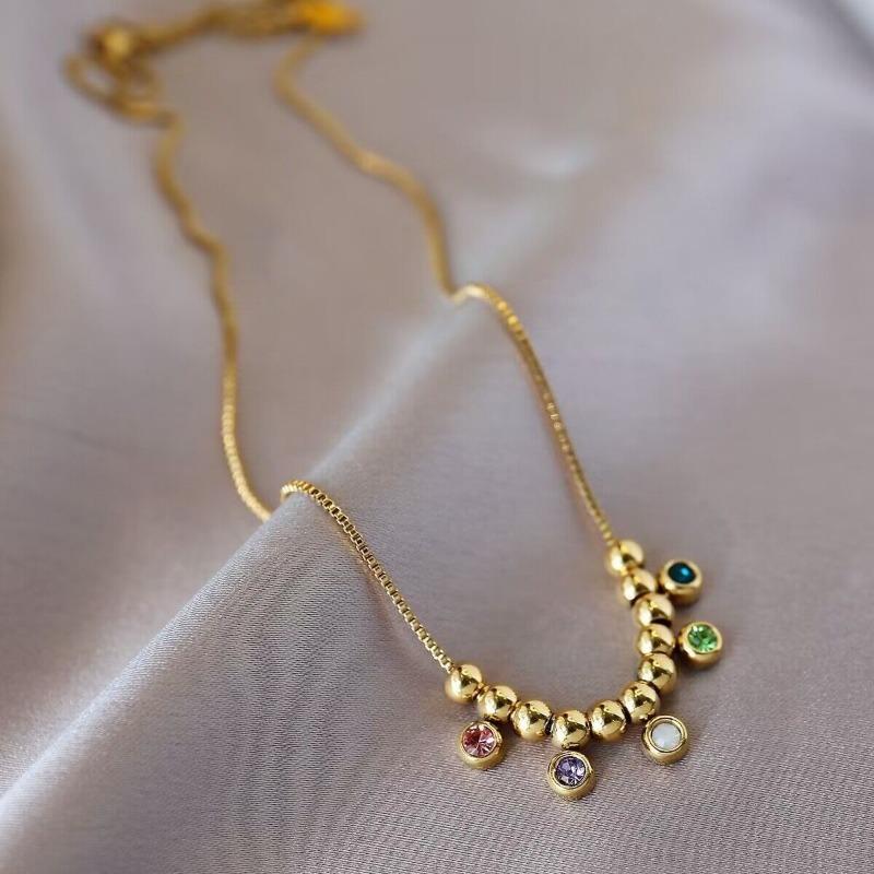 Collana a Maglia Scatolata in Acciaio Inossidabile Placcato Oro con Perline Multi-Colore in Zirconia Cubica
