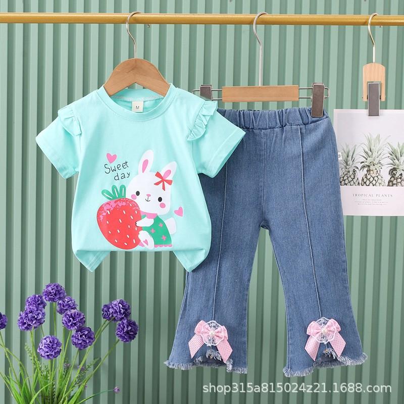 Girls Summer Cute Cartoon Short Sleeve Tee And Bow Knot Jeans Two Piece Set Casual Outfit