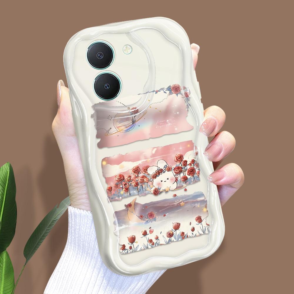 

Милый мультяшный узор, кремовая текстура, мягкий силиконовый чехол с волнистыми краями, чехол для телефона для Vivo Vivo Y77E T1 5G белый