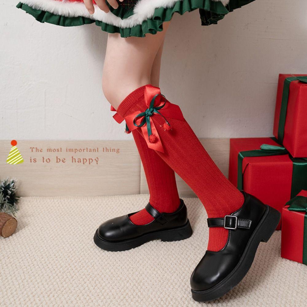Green New Year Red Socks Cotton Children Long Socks Casual Bow Hosiery for Kids  Winter
