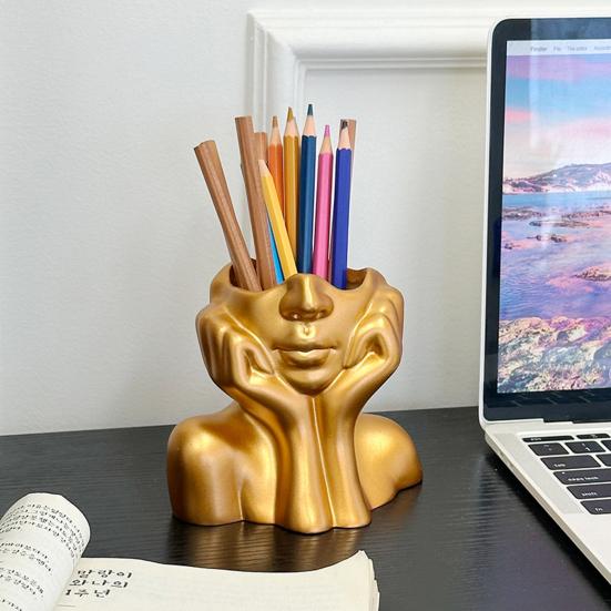 Abstract Face Design Pen Holder Creative Sculpture Large Capacity Desktop Organizer for Pens Erasers Crayons Markers Makeup Brush