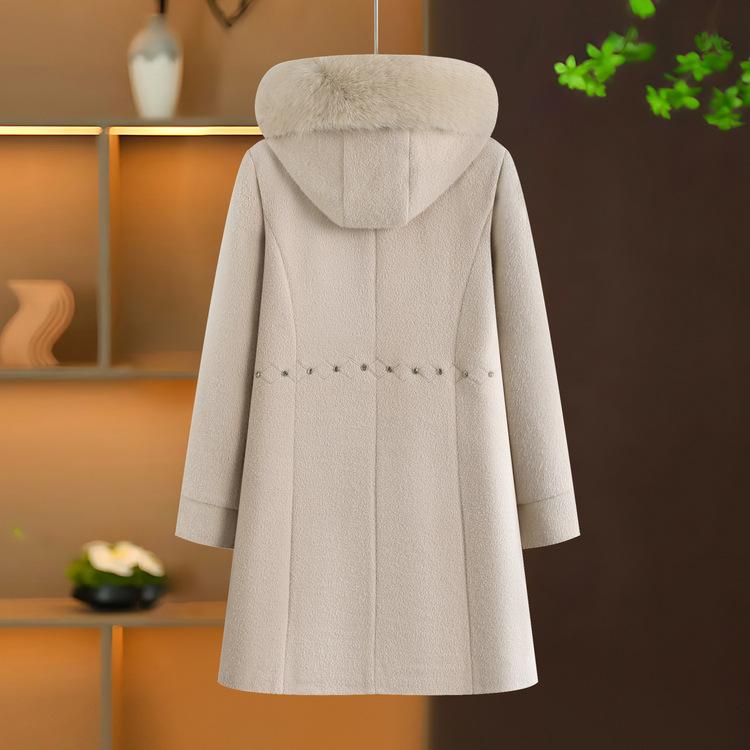 Maminčin zimní kabát s plus sametem, zesílený vlněný kabát, dámská bunda proti větru s kapucí pro ženy středního věku, středně dlouhý zimní oblek