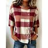 Women's Rust Plaid Print Drawstring Button Up Blouse, Casual Round Neck Tops for Spring Summer Daily Vacation Wear