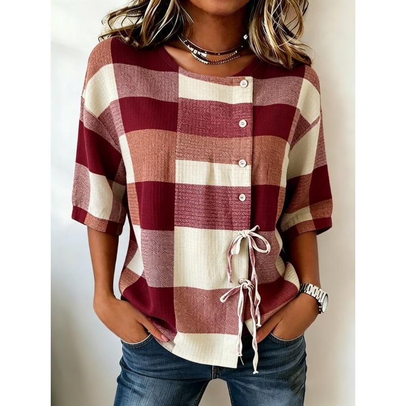Women's Rust Plaid Print Drawstring Button Up Blouse, Casual Round Neck Tops for Spring Summer Daily Vacation Wear