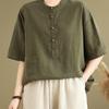Plus Size Retro Linen Button Pocket T-shirt - Women's Slimming Fashion Short Sleeve Top for Summer 2025.