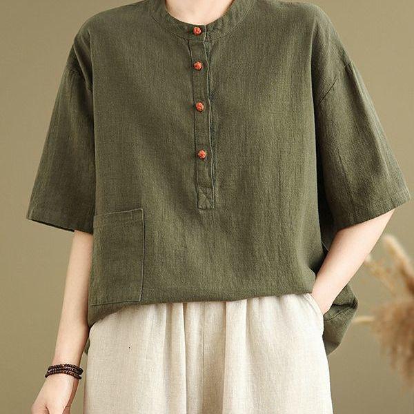 Plus Size Retro Linen Button Pocket T-shirt - Women's Slimming Fashion Short Sleeve Top for Summer 2025.