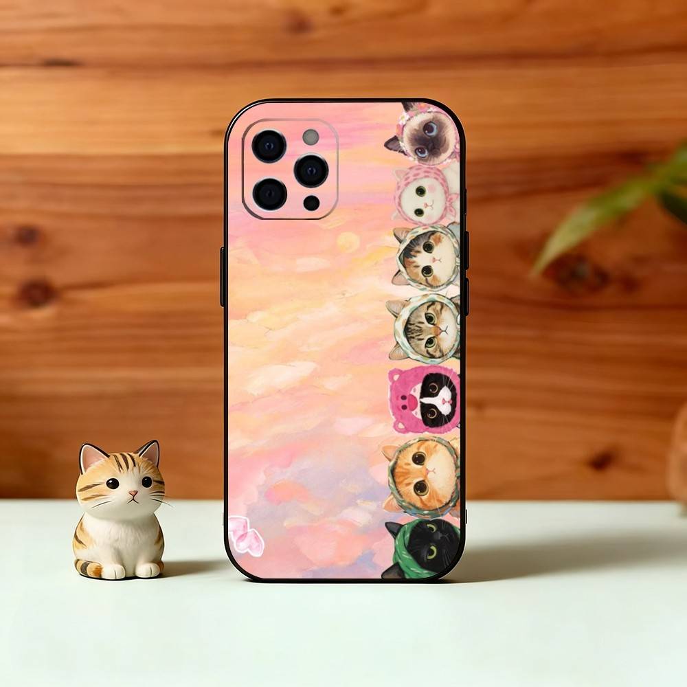 Pink Oil Painting Style Cat Phone Case For iPhone 17, 16,15,14,13,12,11 Plus,Pro Max, Others Soft Black Cover