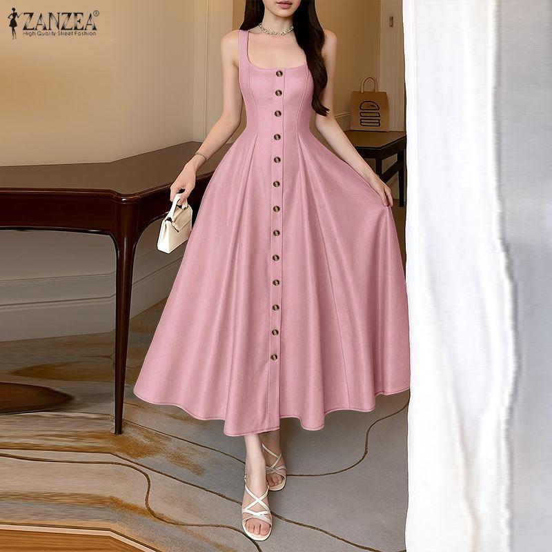 ZANZEA Women Casual U-Neck Sleeveless Elegant A-Line Dress
