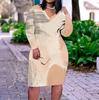 Women Plus Size V Neck Long Sleeve Printed White Fitted Dress