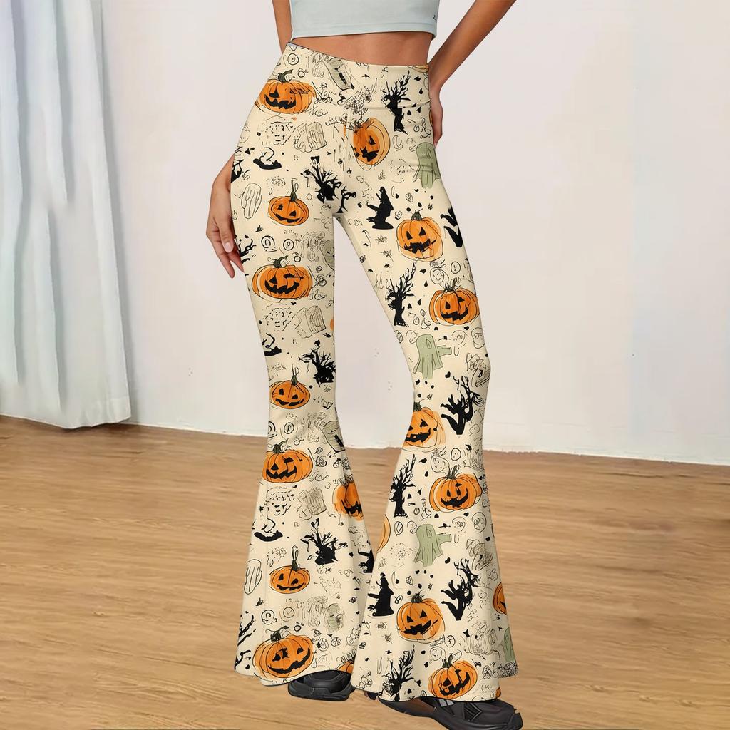 Women's Halloween Print Yoga Pants - Flared Leggings, Casual Stretchy Bell Bottom Pants for Women, for Yoga, Daily Wear and Party