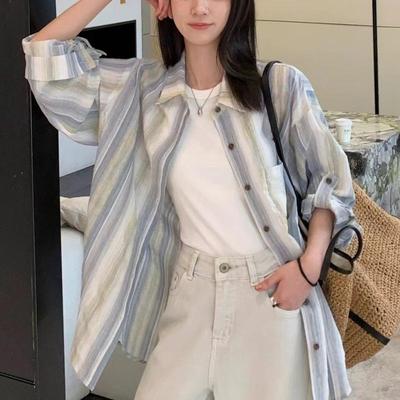 Women's Stripe Long-Sleeve Shirt: Casual Loose Fit, Spring/Autumn Cardigan Jacket, Sun Protection Top