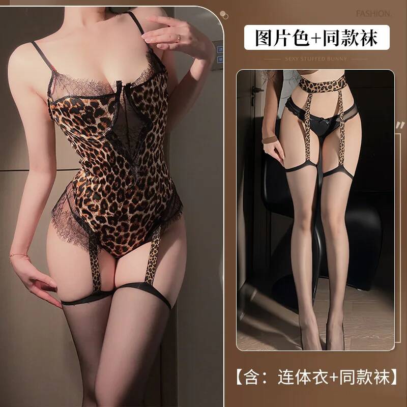 Sexy Passionate Bodysuits Hot Leopard Print Sexy Lace Pure Desire Nightwear Backless Deep V Suspenders Sleeveless Bodysuits Uy06