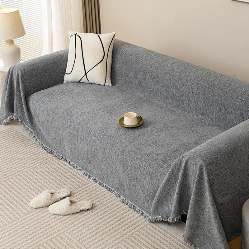 Chenille Sofa Cover Solid Color Striped Design Multi-use Machine Washable Sofa Towel Skin-friendly Wrinkle-resistant
