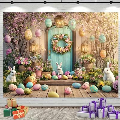 2D Cute Bunny & Colorful Eggs Backdrop Cloth Easter Home Living Room Decor