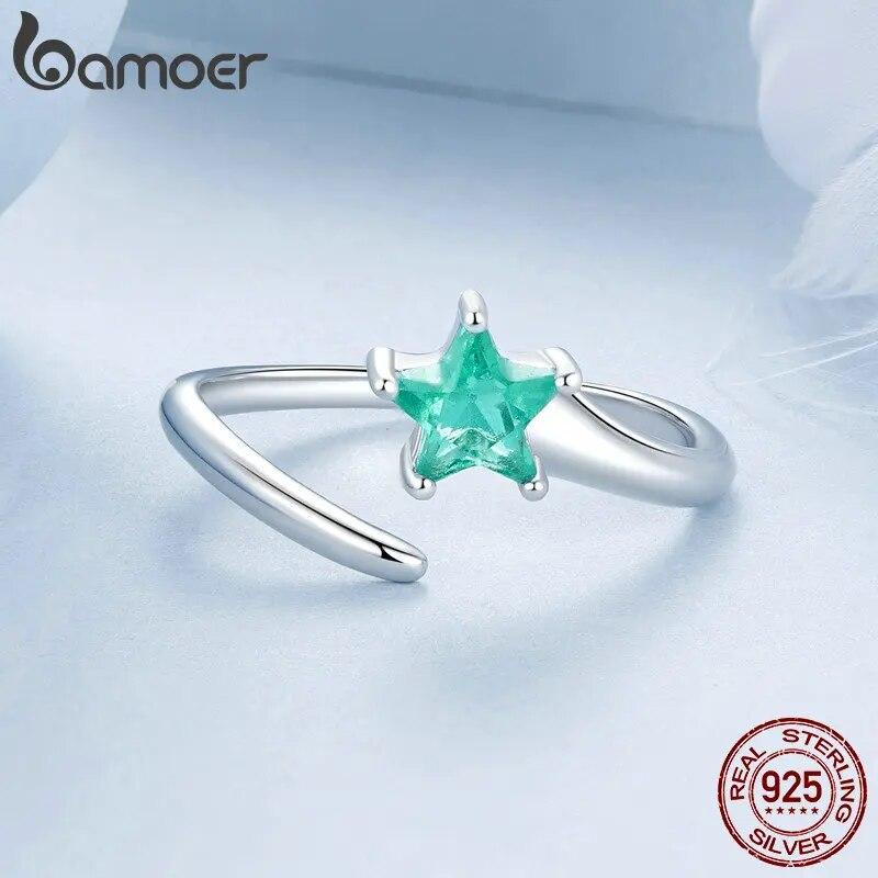 Bamoer 925 Sterling Silver Meteor Opening Ring Green Star Adjustable Ring for Women Birthday Gift Fine Jewelry