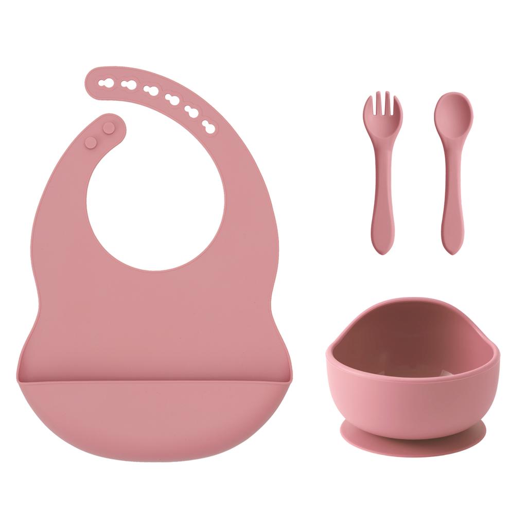 Color Kids 4PCS Silicone Baby Feeding Set With Spoon Bib Suction Bowl BPA Free Toddler Training Spoon Fork Tableware Baby Stuff