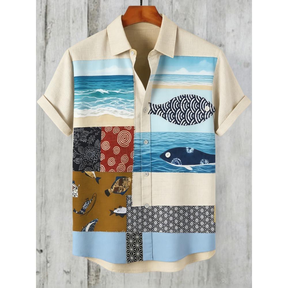Men's Summer Short-sleeved Shirt Fun Ocean Theme 3D Printed Shirt Hawaiian Vacation Casual Outdoor Men's and Women's Shirt