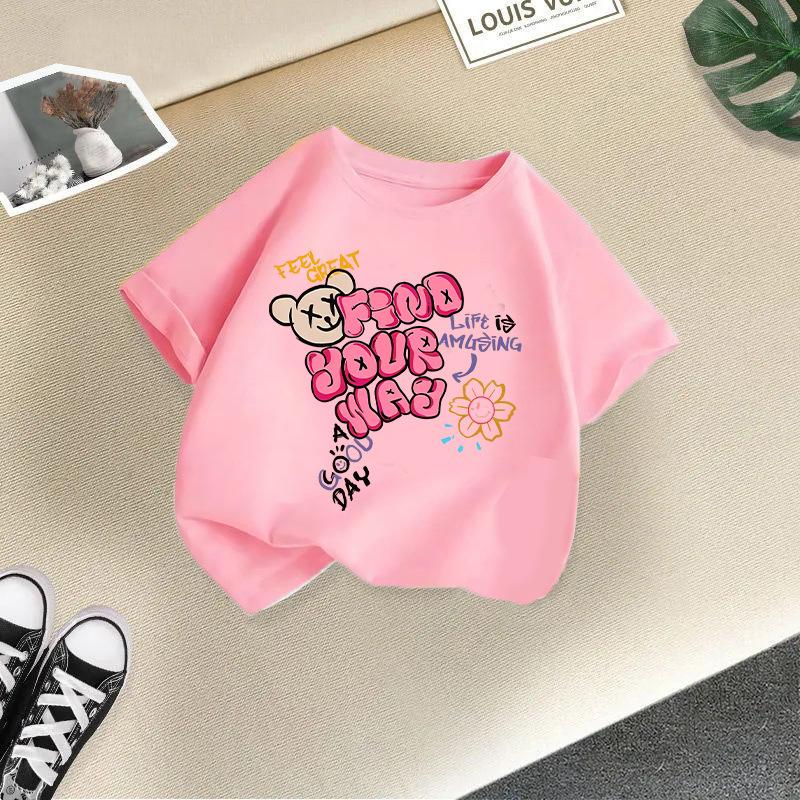 Children T-shirt Cute Cat Printed Kids 100% Cotton Clothes Tops 2-13Y Loose-fit Casual  O-Neck Short-sleeve T-shirt