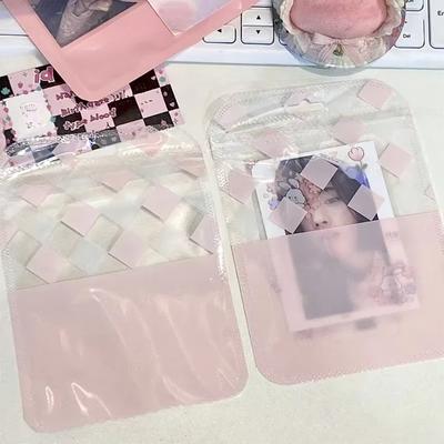 10PCS  Cute Pink Grid Transparent Ziplock Bag Kpop Star 3 Inch Photo Card Packing Material Kawaii Candy Color Gift Bag