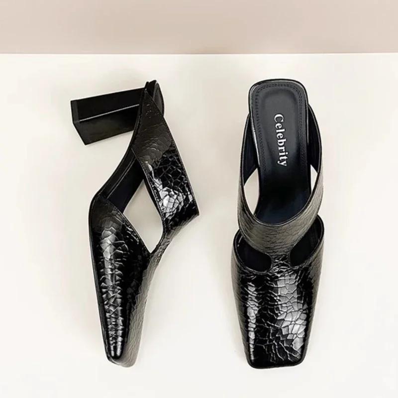 Fashion High Heels Women's Slippers Elegant Mules Shoes Square Toe Heeled Sandals 2025 Summer Pumps Classic Slingback Mujer Zapatillas