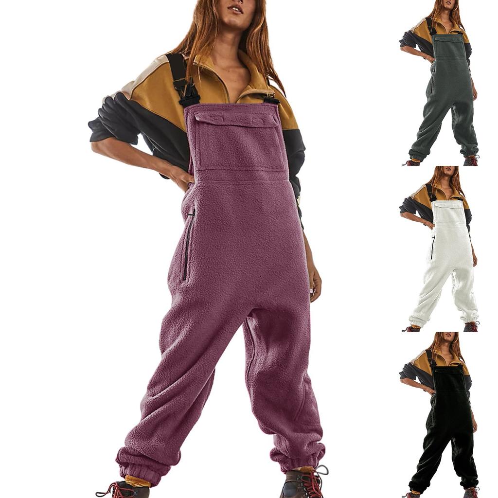 Dame fleece overalls i ett stykke Jumpsuits Justerbare selestropper Varm vinter Fuzzy skibukser