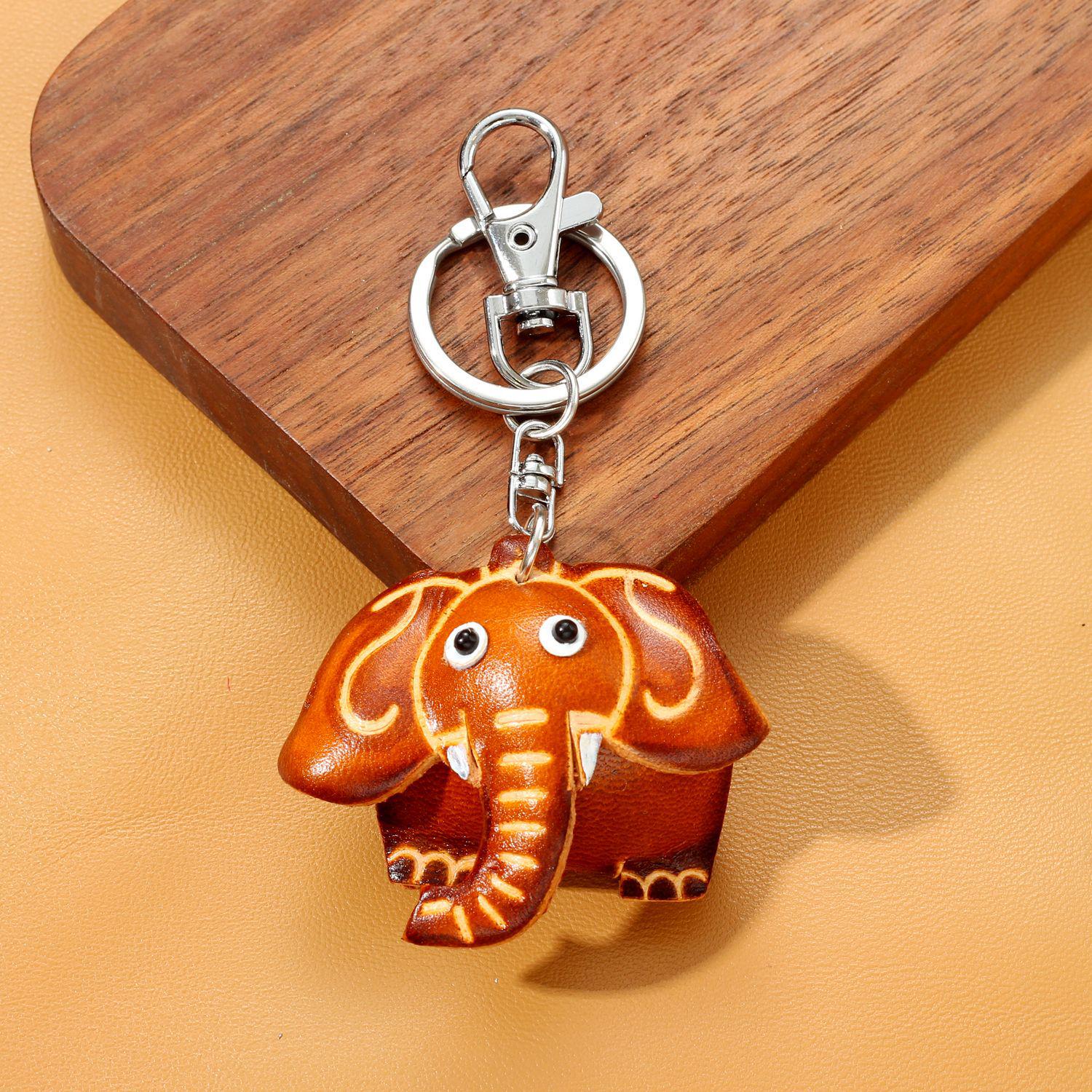 Handmade Genuine Leather Elephant Keychain Pendant - Creative Cartoon Cowhide Animal Ornament