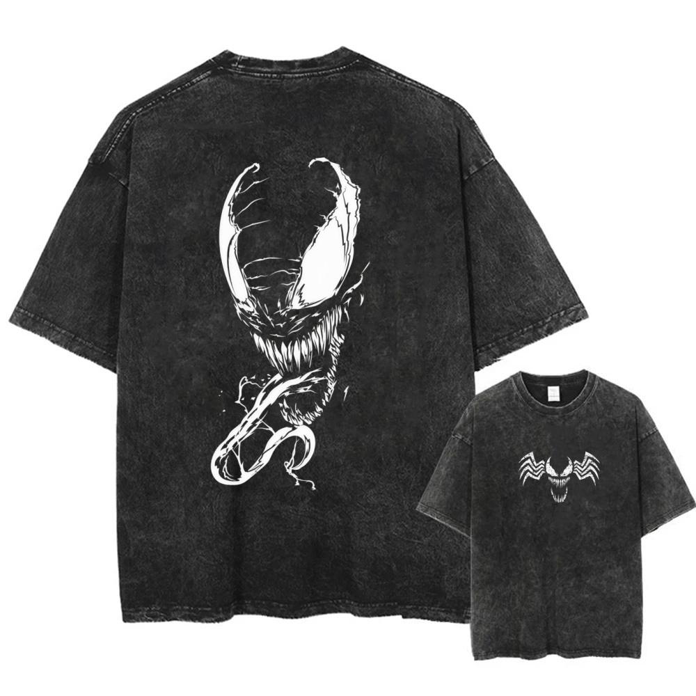 Marvel Venom Geprint T-shirt Trendy Casual Unisex Korte Mouwen Katoen Gewassen Vintage Los T-shirt